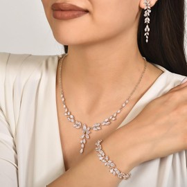 Crysdue Wedding Jewelry Set for Brides Bridesmaid Women, Sparkle Marquise Cubic Zirconia Leaf Bridal Necklace Drop Long Dangle Earrings Tennis Bracelet Silver