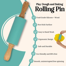 Small Rolling Pin for Kids, Non-Stick Silicone Surface with Wooden Handles for Play Dough and Baking Rolling Pin(Teal Blue)