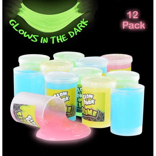 Kicko Glow in The Dark Slime - 12 Pack Assorted Neon Colors - Green, Blue, Orange and Yellow for Kids, Party Favors, Goody Bag Filler, Birthday Gifts Non-Toxic