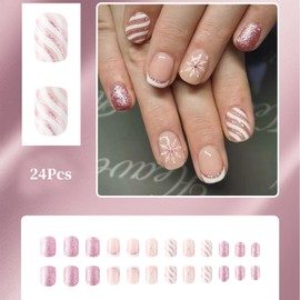 Christmas Press on Nails Short Square Fake Nails White Snowflake Designs White French Tip False Nails Pink White Candy Stripe Winter Stick on Nails Pink Nude Acrylic Glossy Nails for Women Girls 24Pcs