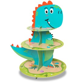 Dinosaur Cupcake Stand, 3-Tier Cardboard Cupcake Stand Holder Dessert Tower Display for Boys Kids Birthday Theme Party Supplies Decoration