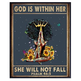 Religious Christian Gifts for Black Woman, African American Women, Girls - God is Within Her She Will Not Fall Wall Decor - Inspirational Boho Wall Art - Positive Quotes - Psalms Scripture Wall Art