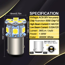 Ruiandsion 1157 2357 2057 7528 1034 P21/5W BAY15D LED Turn Signal Lights 6000K White High/Low Beam AC 6-30V 5050 12SMD LED Bulb for Back Up Reverse Lights Brake Lights Tail Lights Pack of 2