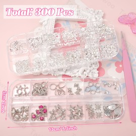 300 Pcs Silver Cross Star Nail Charms, Crown Saturn Butterfly Nail Art Charms, Multi Shapes Silver Rivet Gothic Nails Art Studs for Nails Art DIY