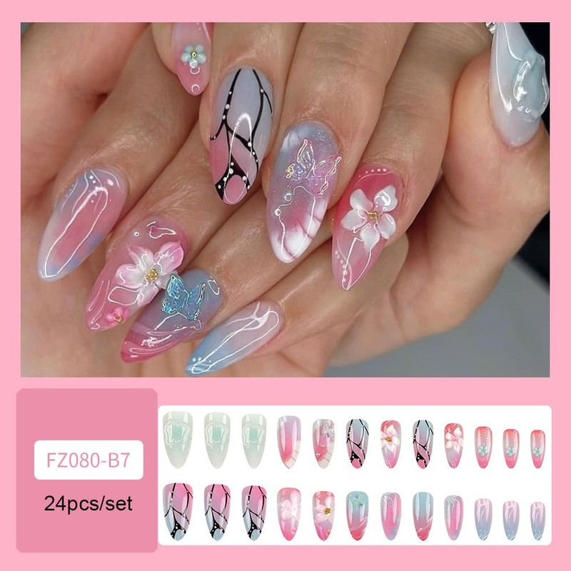 LPOODDNU Colorful 3D Press on Nails Almond Shape Fake Nails