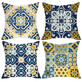 Fjfz Boho Mandala Flower Decorative Throw Pillow Covers 18 x 18 Set of 4, Blue Yellow Geometric Floral Porch Outdoor Home Decor, Mediterranean Moroccan Abstract Aesthetic Art Couch Cushion Case