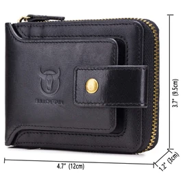 BULLCAPTAIN Mens Genuine Leather Zipper Wallet RFID Blocking Bifold Zip Around Multi Credit Card Holder (Black)