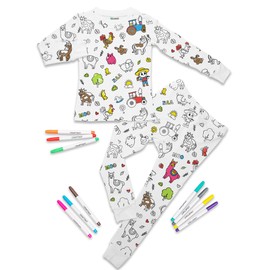 Craftikit® Coloring Pajamas for Kids with Markers - Farm Animal Theme Soft Stretchy Bamboo Viscose 2-Piece Unisex PJs Set, Color Your Own Pajamas