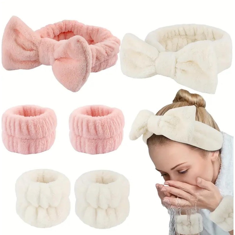 Plush Bowknot Spa Headband and Wristband Set (Creamy White, one