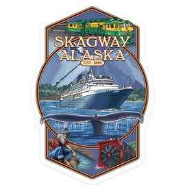 Die Cut Sticker Skagway, Alaska, Montage, Contour Vinyl Sticker 1 to 3 inches (Waterproof Decal for Cars, Water Bottles, Laptops, Coolers), Small