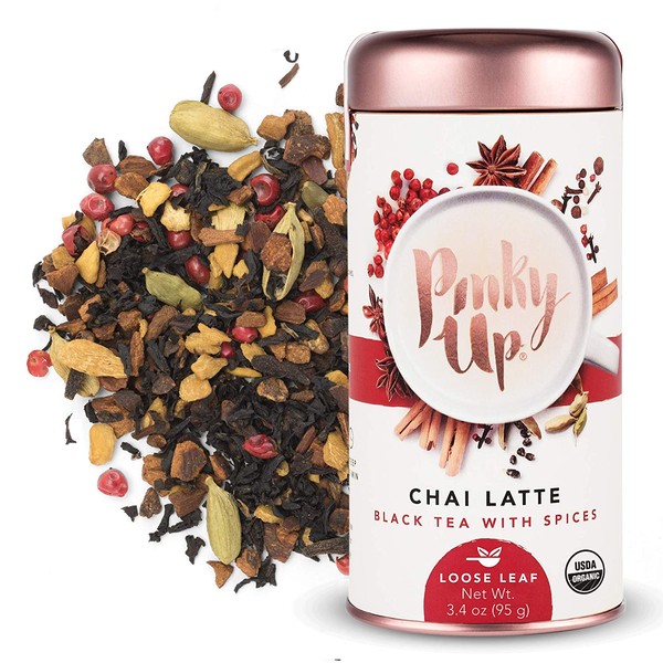 Pinky Up Chai Latte Loose Leaf Tea, Whole Leaf Organic Black Tea, 40-60mg Caffeine Per Serving, Naturally Calorie-Free & Gluten-Free, 2.5 Ounce Tin, 25 Servings