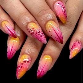 24PCS Gradient Medium Almond Press on Nails with 3D Speckle Orange Pink Embossed Fake Nails Reusable Gel Handmade Press on Nails False Nails Glossy Acrylic Nails for Women Nail Art Manicure