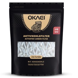 OKAEI Activated Carbon Filter 6mm - Pack of 250 - Slim Filters with Activated Carbon from Coconut Shell - With Ceramic Caps - 26mm Length