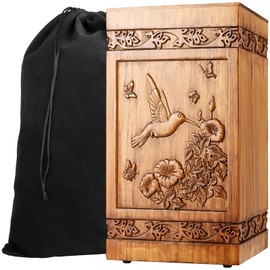 Urns for Human Ashes Adult Man, Engraved Wooden Urn Box for Cremation, Burial Biodegradable or Keepsake Decorative, fits Human Ashes Adult Men Women Large Pets(Wood, 250lbs, Hummingbird)