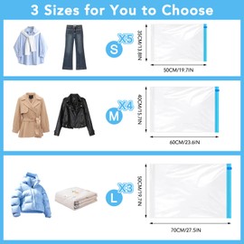 Pack of 12 Vacuum Bags for Clothes Travel in 3 Sizes, Vacuum Bags Travel to Roll, No Vacuum Pump Required, Travel Accessories, Holiday Gadet (5 x 35 x 50 cm / 4 x 40 x 60 cm / 3 x 50 x 70 cm)