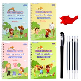 Bagentry 4 Pack The Grooved Handwriting Book for Age 3-8, Reusable Groove Writing Book, Magic Groove Practice Copybook, Preschool Groove Calligraphy Set with 5 Refills, 1 Pen, 1 Pen Holder (4)