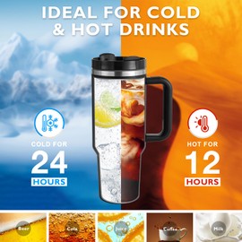 Ochapa 40 oz Tumbler with Handle Straw Lid Insulated Stainless Steel Vacuum Reusable Keep Drinks Cold Coffee Cup Holder Friendly Gifts for Lover Women Men Mother Car Gym Travel, Black