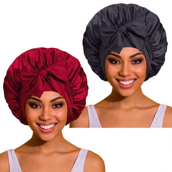 Satin Bonnet Silk Bonnet Hair Bonnet for Sleeping, Bonnets for Black Women, 2 Pack Tie Band Silk Bonnet for Curly Hair,B
