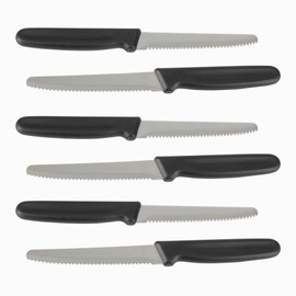 Set of 6 stainless steel blade and handle made of robust plastic. Sharp serrated blade with optimal length of approx. 10.5 cm. Total length 21 cm
