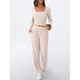 LILLUSORY Womens Lounge Sets 2 Piece Outfits Long Sleeve Two Piece Pajamas Ribbed Knit Fall 2025 Outfits Casual Clothes Apricot L