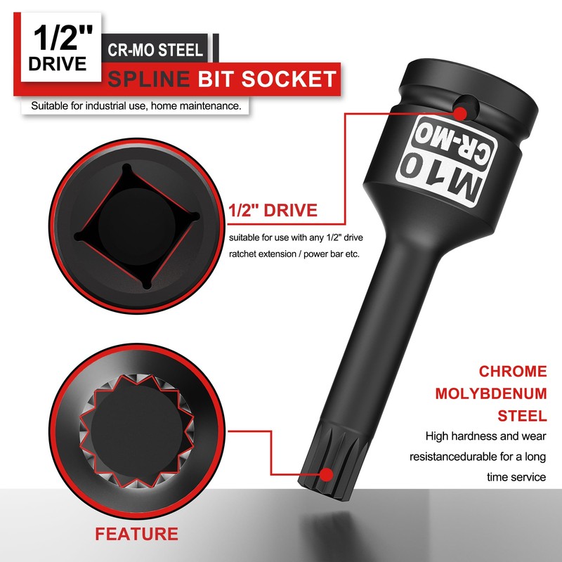 KIRXST Impact Triple Square Spline Bit Socket, 1/2" Drive M10