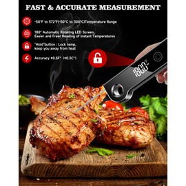2025 Meat Thermometer Digital, ±0.5°F Accuracy Instant Read Thermometer180° Rotating Display, Calibratable and Auto Off, IP67 Waterproof Food Thermometer for Cooking,Grill,Oil Deep Fry, Brewing,Candy
