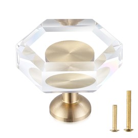 Guank 2-Pack Brass Base Crystal Drawer Knobs,Glass Crystal Gold Cabinet Knobs,1-5/16-Inch Hexagon,Kitchen Hardware Pulls, Modern Bathroom Hardware knob