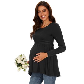 WOOXIO Women's Maternity Tops Short & Long Sleeve Pleated Waist Shirts Pregnancy Clothes Black,S