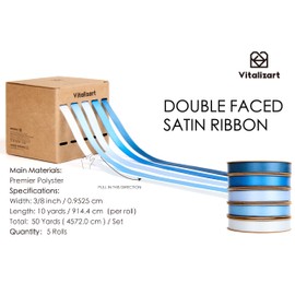 Vitalizart Blue Series Fabric Ribbon for Crafts 3/8'' x 50Yd (5 Rolls x 10Yd), Double Sided Satin Ribbons Blue & White for Gift Wrapping, Bows Making, Bridal Bouquet, Party Decorations