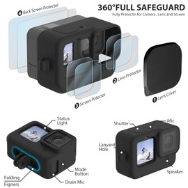 LBYHZS Funda Go Pro Hero 12/11/10/9 Negro, 1 Silicona Carcasa, 6 Protectores de Vidrio Templado, 2 Tapas de Lente, Puerta Lateral y Cordón, Compatible con Gopro Hero 9 10 11 12 Funda Accesorios