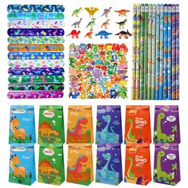 Eymobad Set of 98 Dino Party Bags Children's Birthday Party Favours, 12 Gift Bags, 12 Snap Bracelets, 12 Pencils, 12 Dinosaur Toys, 50 Stickers, for Children's Birthday Boys and Girls