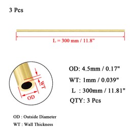 Ofowin 3 Pieces, Brass Round Tube 1mm Wall Thickness 4.5mm OD, 300mm Length, 4.5mm x 1mm, Seamless Straight Pipe Tube, Modeler, Crafts, Industrial, Automotive, Marine, Aerospace Industry