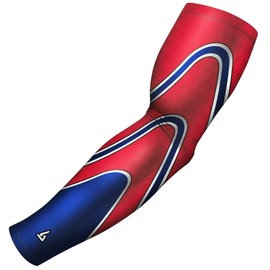 B-Driven Sports Pro-Fit Compression Arm Sleeve for Baseball, Basketball, Football - Muscle-Tendon, Bruising Reduction - Athletic, Men, Women, Youth, Kids - Red/Blue | Tri-Pipes S/M (A) - 1 Pc