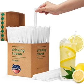 Plastic Straws [500 Pcs-7.8" Long] Individually Wrapped Clear Disposable Drinking Straws - Made in USA - Straight Long Straws for Party, 0.23'' Diameter