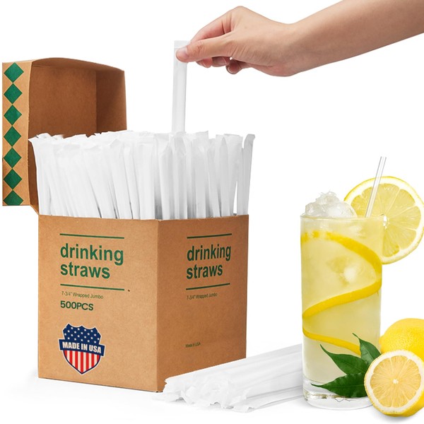 Plastic Straws [500 Pcs-7.8" Long] Individually Wrapped Clear Disposable Drinking