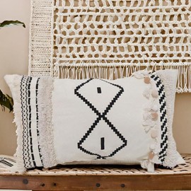 RinRinfam 1Pc Boho Pompom Lumbar Pillow Cover 12x 20, Geometric Woven Tufted Farmhouse Neutral Decorative Linen Pillow Cushion Case, Cream Decorative Pillows for Bed, Outdoor Couch Car