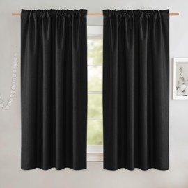 NICETOWN Black Truly Blackout Linen Blend Flax Drapes for Office, Vintage Back Tab 100% Blackout Curtains with White Liner Backing for Kitchen Dorm Window（Set of 2, 52" Wide x 63" Long