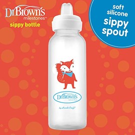 Dr. Brown's® Milestones™ - Botella estrecha para beber 100% silicona, boquilla suave, 8 onzas/250 ml, zorro y león, 6 m+