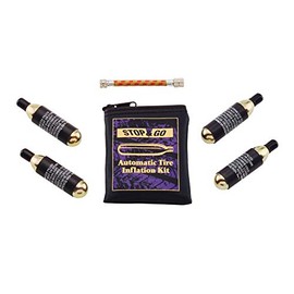 Stop & Go 1090 7 Piece Tire Inflation Kit with CO2, Hose, Sleeve & Storage Bag for Flats on Motorcycle, ATV, Lawn Mower, Golf Carts, & Utility Trailers (4 Canisters)