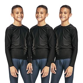 DEVOPS Youth Boys 3-Pack Compression Athletic Performance Baselayer Long Sleeve Shirts (X-Small, Black/Black/Black)