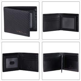 VISOUL Mens Bifold Wallet with 2 ID Windows Carbon Fiber Leather, RFID Blocking Multi Card Holder Wallet with 2 Money Compartments, Stylish Two-Tone Back Pocket Wallet for Men (Black+Black)