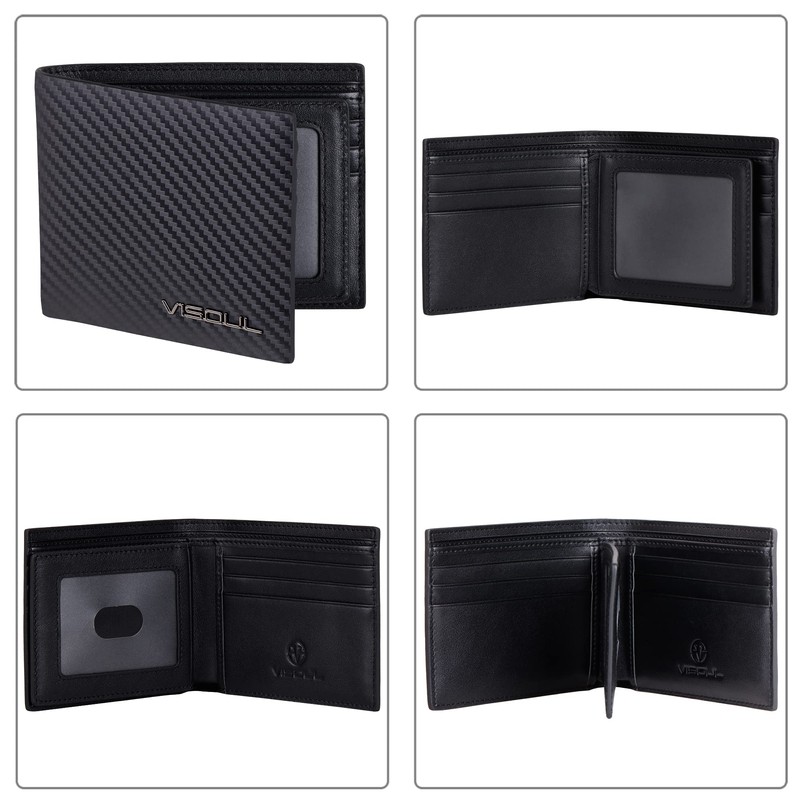 VISOUL Mens Bifold Wallet with 2 ID Windows Carbon Fiber