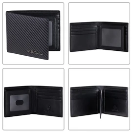 VISOUL Mens Bifold Wallet with 2 ID Windows Carbon Fiber Leather, RFID Blocking Multi Card Holder Wallet with 2 Money Compartments, Stylish Two-Tone Back Pocket Wallet for Men (Black+Black)
