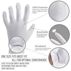 Moisturizing Gloves OverNight Bedtime Cotton | White Inspection Premium Cloth Quality | Eczema Dry Sensitive Irritated Skin Spa Therapy Secure Wristband (1 Pair)