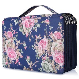 Falytemow 250 Slots Colored Pencil Case with Zipper Closure Large Capacity Oxford Pencils Holder with Handle Strap Pen or Pencil Box Organizer for Artist (Blue Rose)