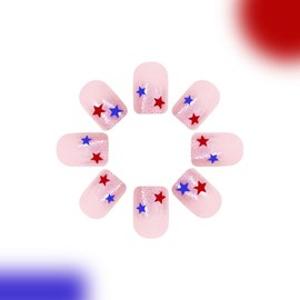 Independence Day Press on Nails Short Square Fake Nails with Red Blue Star Designs Pink Glue on Nails Glitter False Nails Press ons 4th of July Stick on Nails for Women 24 Pcs