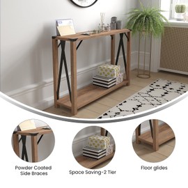 Flash Furniture Wyatt Modern Farmhouse 2 Tier Console Table - Rustic Oak Engineered Wood Frame - Black Metal Crisscross Side Braces and Corner Accents