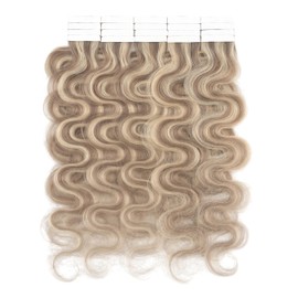 Hairro Tape in Human Hair Extensions Body Wave 14 Inch Sandy Beige Mix Light Blonde Highlight Balayage 40g/pack 20pcs Skin Weft Glue in Hairpieces Invisible Double Sided Tape