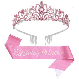 Papoopy Birthday Girl Tiara and Crown with Sash for Women and Girls, Hair Accessories for Wedding Party Costume (C - Pink)