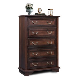 WLIVE Farmhouse Dresser for Bedroom, Tall Wood Dresser with 5 Drawer, Chest of Drawers with Roman Metal Handle for Living Room, Hallway, Closet, Brown